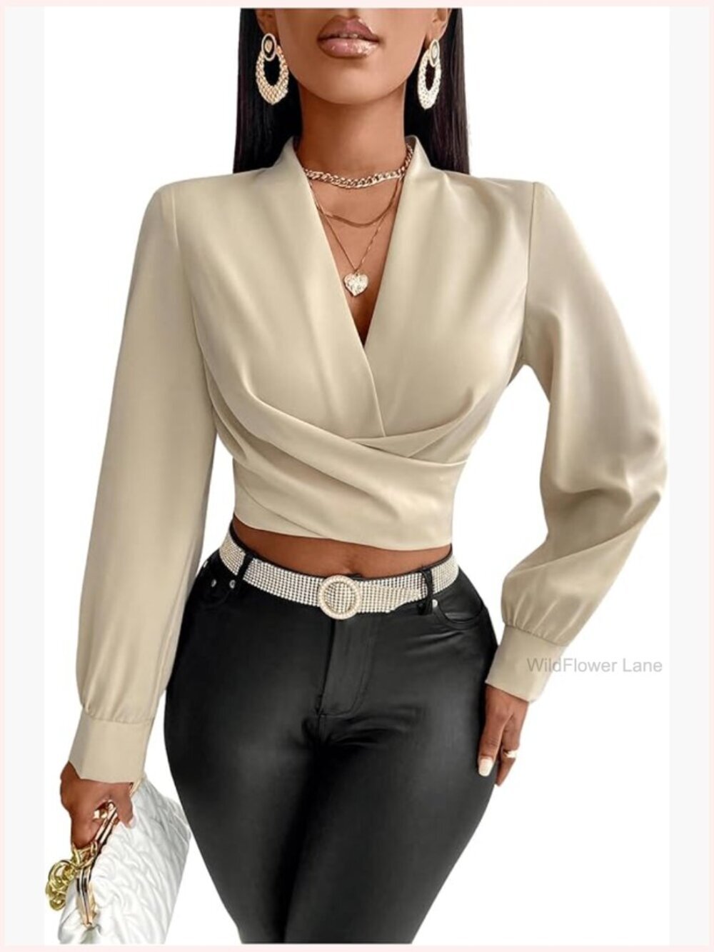 V Neck Wrap Crop Top Lantern Sleeve Ruched Waist Blouse
